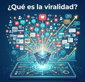 Ilustración moderna que representa la viralidad digital como una red explosiva de usuarios compartiendo contenido