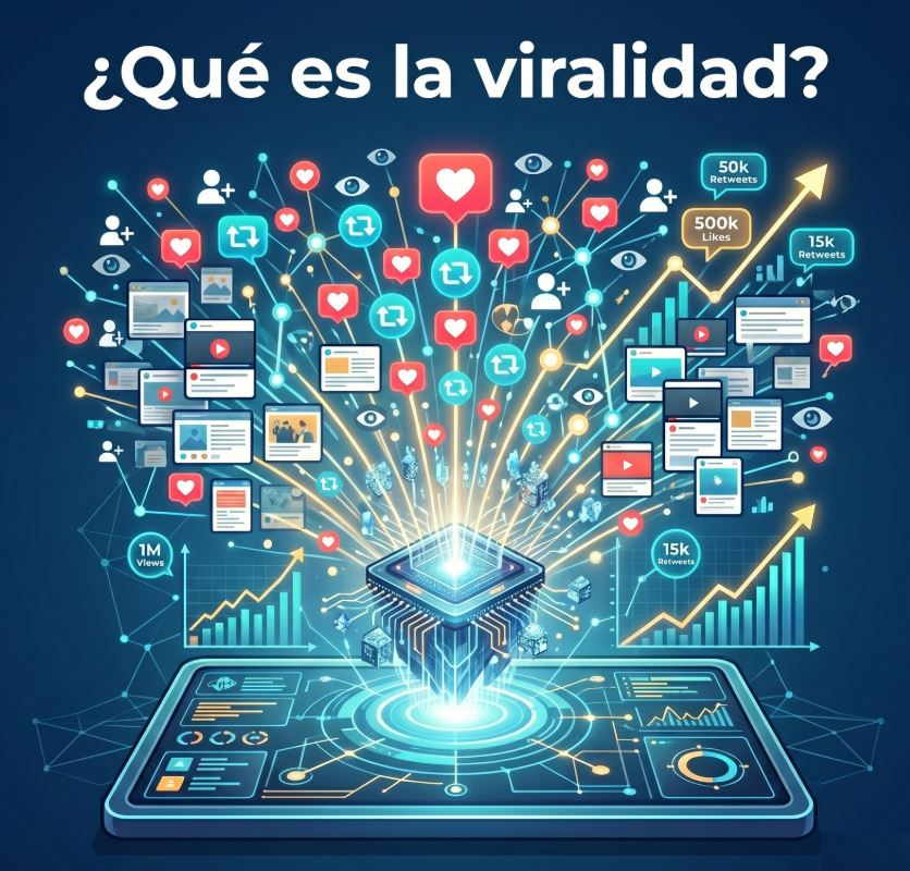 Ilustración moderna que representa la viralidad digital como una red explosiva de usuarios compartiendo contenido
